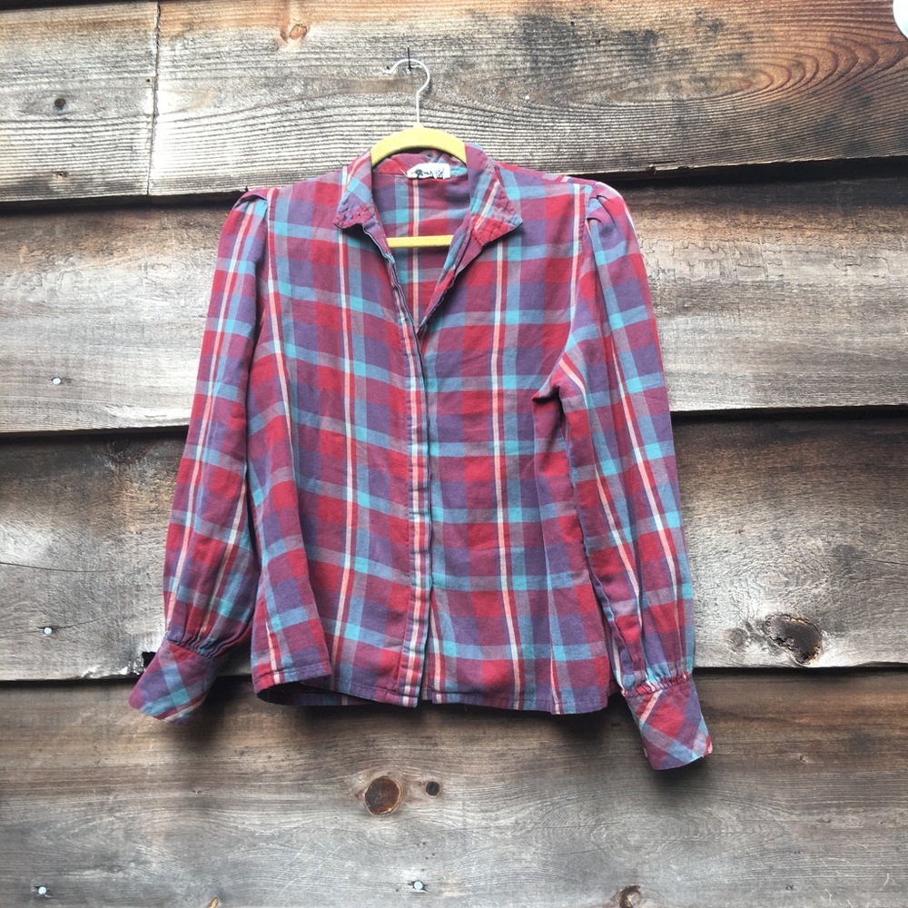 SOLD Poet Sleeve Plaid Button Down Shirt - Picture 3 of 7